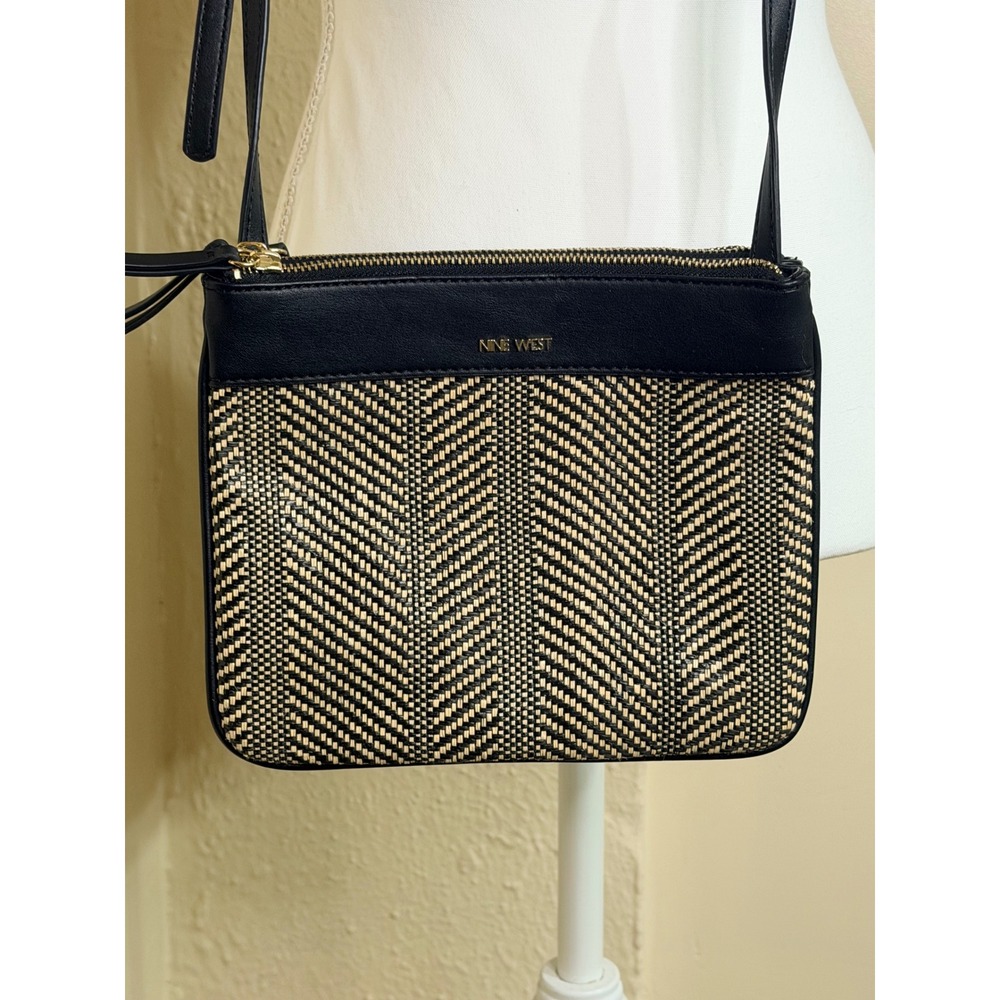 Nine West Crossbody Bag Black Tan Woven Chevron Triple Zip Small Shoulder Purse